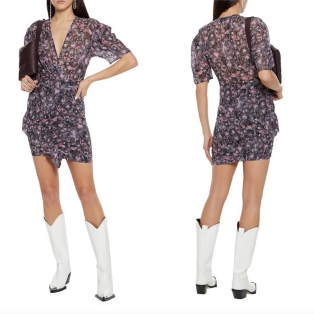 IRO Paris Gray and Pink Floral Chiffon Muy Mui Mini Dress
